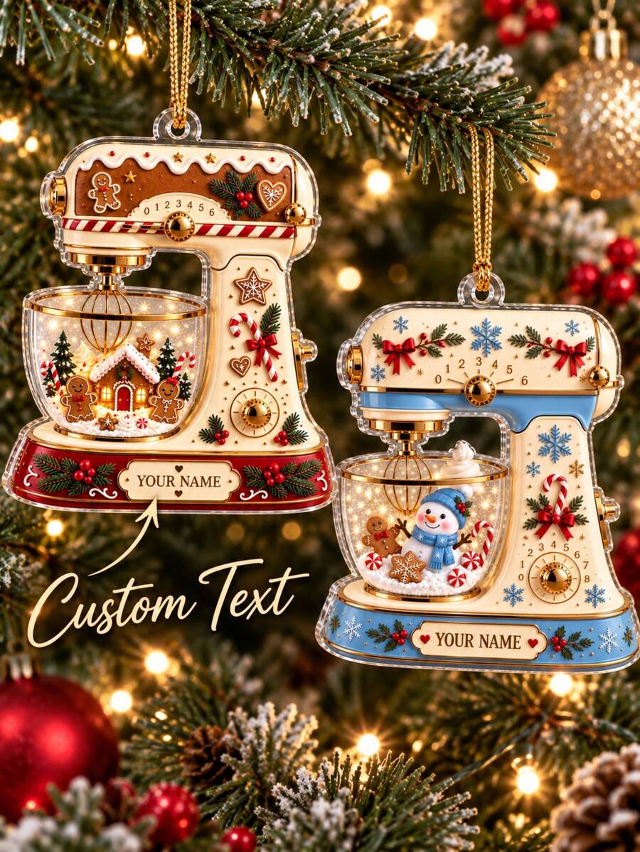 1pc Personalized Snowman Mixer Christmas Ornament, Custom Name Baking Ornament, Gingerbread Candy Cane Kitchen Decor, Baker Lover Gift,Holiday Keepsake,Xmas Tree Ornament,Christmas Gift - Multicolor - View 1