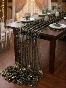 1pc Black & Gold Sequin Table Runner, Shattered Gold Tulle, Polyester Rectangular Shiny Tablecloth, Wedding Table Runner, Birthday Baby Shower Wedding Party Decoration, Halloween Party Decoration, Happy Halloween Home Decor, Trick Or Treat Decoration - Black Gold - View 6