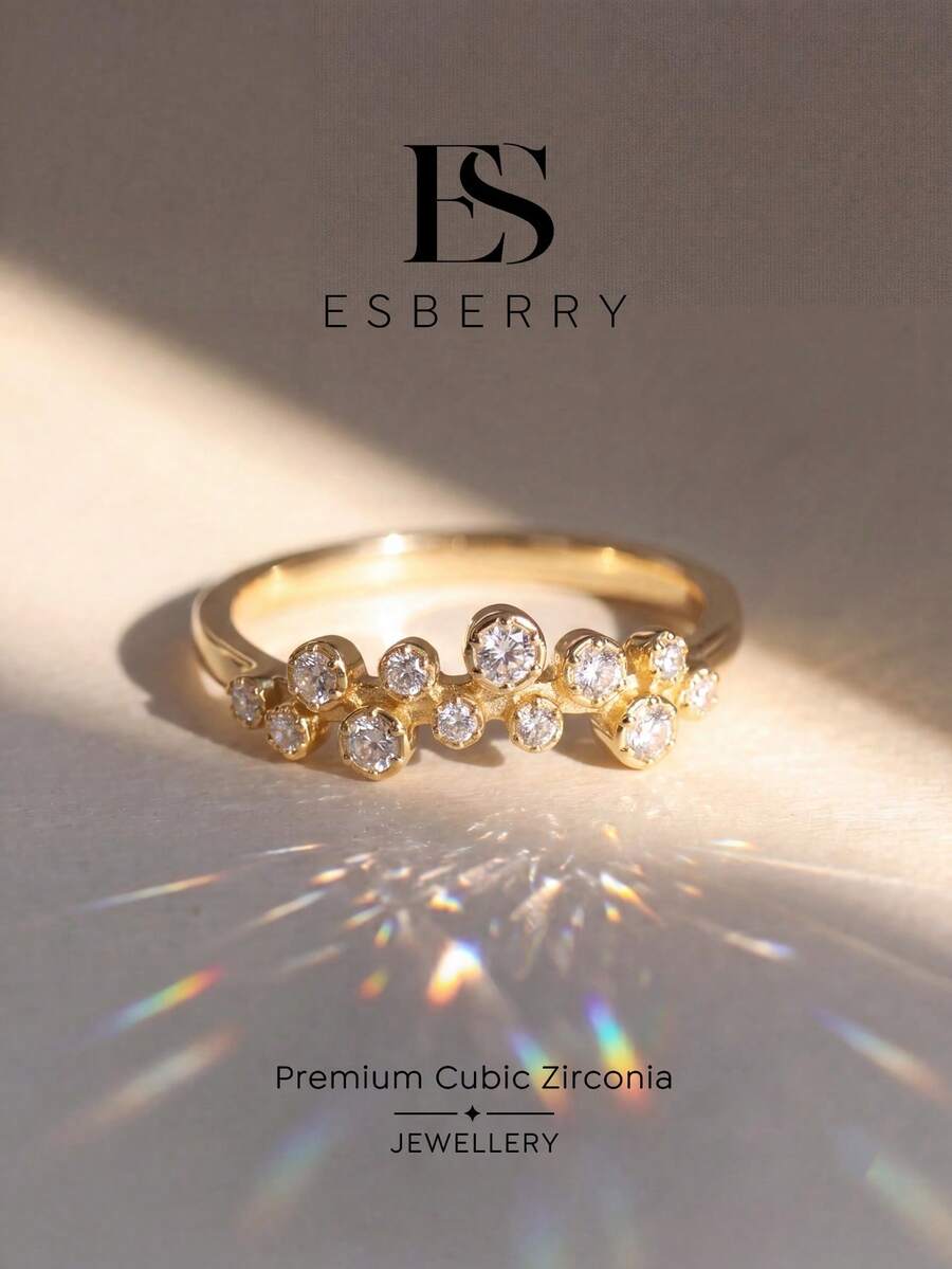 ESBERRY 1件幾何鋯石戒指，適合女性，完美適用於日常穿戴、派對與生日，精緻珠寶禮物 - 金色 - 查看 1