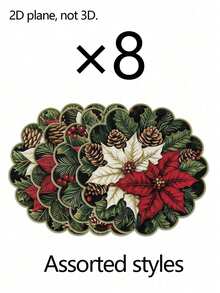 8pcs/4pcs/1pc Round Placemats, Winter Floral And Pine Cone Pattern, Suitable For Christmas Party Decoration, Theme Party, Christmas Dinner, Vintage Style Party - One Size Fits All - View 14