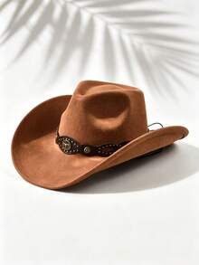 Vintage Suede Cowboy Hat, Unisex, Western Style Wide Brim Rider Hat, With Bronze Long Horn Buckle Strap, Adjustable Windproof Felt Cowboy Hat, Suitable For Horse Riding Festival, Beach Travel And Sun Protection - Suede Eye Gold Bull Head Hat - View 3