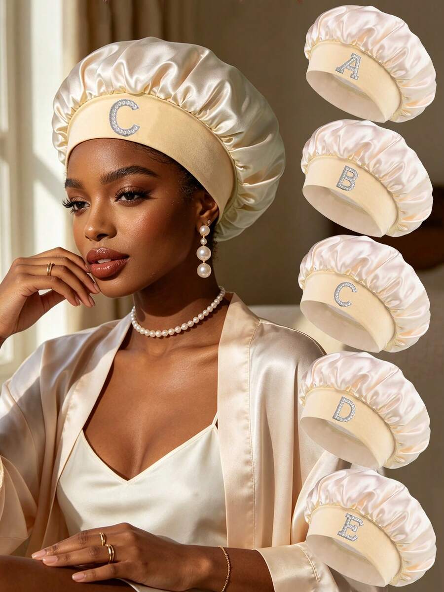 1pc Women's Pearl Letter Print Satin Sleep Bonnet,Wide Elastic Anti‑Frizz Hair Protection Cap,Practical Hairdressing Accessory For School Daily Use - Color - View 1