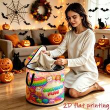 1pc Large Capacity Round Foldable Non-Woven Fabric Bucket Storage Bin, Cute Squishy Pattern With Handle And Zipper, Laundry Hamper, Home Organization Box, Car Storage Bag, Space-Saving Seasonal Storage - A - View 5