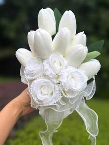 White Pearl Tulip Bridal Bouquet(8.66inch)With Pearl Decoration, Lace Bow Artificial Flower For Wedding Party Prom Gift - Multicolor - View 10