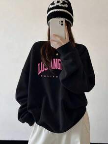 Vintage Collegiate Style LOS ANGELES Large Letter Crew Neck Sweatshirt, Minimalist Loose Drop Shoulder Casual Autumn Versatile - Black - View 6