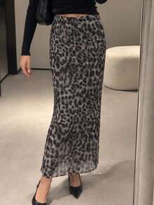Leopard Print Mesh Skirt, Fashionable For Summer Spring - Grey - View 9