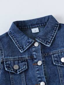 Kids Denim Jacket With Puppy Print On Back, Turn-Down Collar, Casual Top For Boys And Girls - Medium Wash - View 3