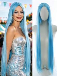 40"Long Black Wig For Women Straight Middle Part Synthetic Wig For Cosplay Halloween - Multicolor - View 4