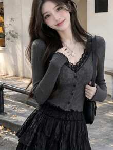 Women's Short V-Neck Long Sleeve T-Shirt, Contrast Lace Trim Ribbed Fabric, Slim Fit Autumn Top - Dark Grey - View 2