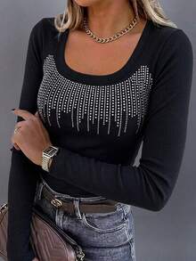 ChicMe Áo thun dệt kim nữ cổ tròn ôm sát tay dài gân, đính đá rhinestone, áo mặc lớp kiểu pullover thanh lịch - màu đen - Xem 5