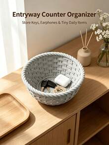 1PC 3D Plastic Woven Storage Basket, Round Decorative Storage Bowl Tray, Bathroom Countertop Small Desktop Organizer, Storage For Cosmetics, Hair Ties - Multicolor - View 5