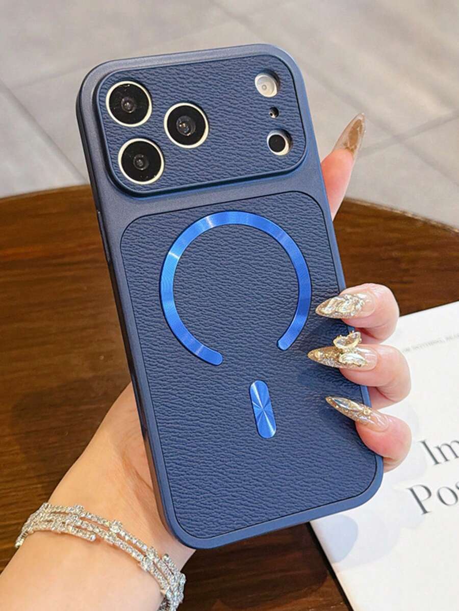 Premium Litchi Texture CD Pattern Magnetic Wireless Charging Phone Case, Compatible With IPhone 17 Pro Max 17 Pro 16 Pro Max 15 Pro Max 14 Pro 13 12, Luxury Matte Lens Protection Shockproof Cushion Back Cover - Blue - View 1