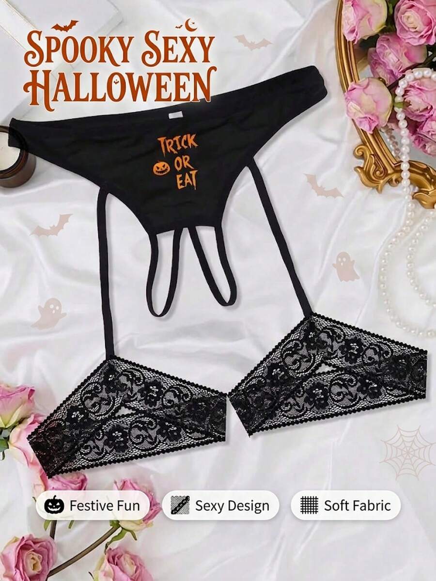 Celana Dalam G-String Wanita Seksi Bertali Terbuka Tanpa Bisa Dilepas, Motif Huruf Liburan, Tali Kaki Renda Nyaman, Pakaian Dalam yang Dipersonalisasi - Hitam - View 1
