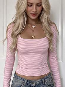 SCARLUX Autumn Y2K Pink Pinstripe Square Neck Fitted Long Sleeve T-Shirt, Versatile Top Suitable For Back To School, Business And Casual Wear - Pink and White Stripes - View 10
