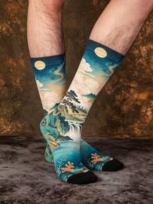 1/3 Pairs Men's Mid-Calf Socks With Creative New Chinese Style Landscape And Full Moon Pattern, Fun Halloween Gift Socks - Multicolor - View 4