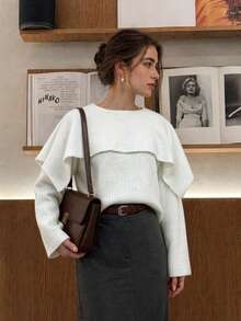 Women's 2026 Autumn/Winter Single Piece Knitted Sweater, Large Lapel Bell Sleeve, Loose Fit Textured Knit Top, Suitable For Daily Wear - White - View 4