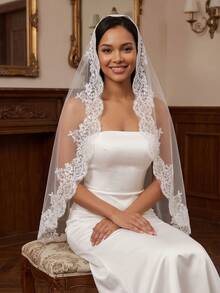1 Pc Mantilla Wedding Veil Lace Applique With Sequins Fingertip Length Bridal Veil With Invisible Comb For Brides - Multicolor - View 2