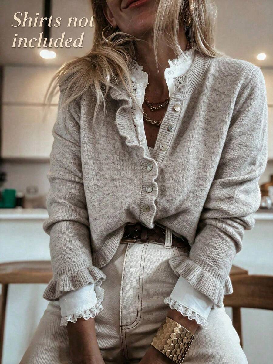 FOR BEAUTY Autumn/Winter Women's Y2K Beige Ruffle Hem Round Neck Loose Knit Cardigan Sweater, Button Front Top, Aesthetic Street Style - Yan - View 1