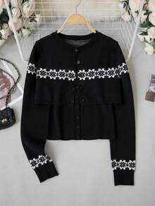 Korean Style Autumn/Winter New Fair Isle Snowflake Short Knit Cardigan + Slim Fit Camisole Tank Top Women 2 Pieces Set - Black - View 8