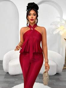 Women's Burgundy Halter Neck Sleeveless Backless Long Jumpsuit, Ruched Detail, High Elastic Knit Fabric, Suitable For Autumn Wear - Burgundy - View 5