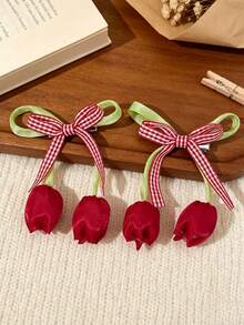 2pcs Multicolor Tulip Hair Clip,Cute Bow Tulip Hairpin,Pastoral Vacation Style,Elegant Sweet Hair Accessories Gift For Girl Teen Daily Christmas Party - Multicolor - View 2