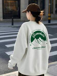 Vintage Green Mountain Slogan Print Oversized Grey Sweatshirt, High Street Vibe Long Sleeve Autumn Top - White-gray - View 6