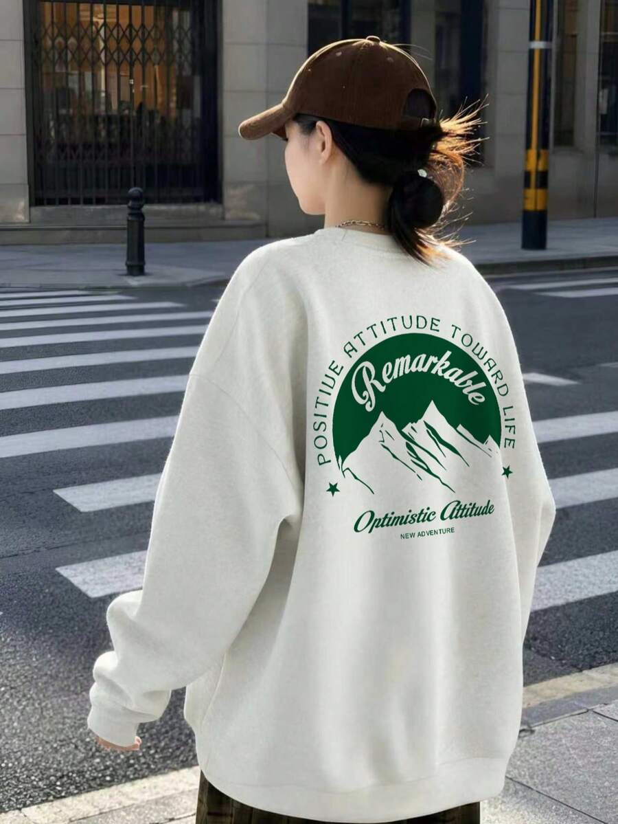 復古綠色山脈標語印花寬鬆灰色運動衫,高街風長袖秋季上衣 - 白灰色 - 查看 1