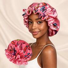 1pc Reversible Double Layer Satin Hair Bonnet For Women, Colorful Butterfly Print Ruffled Trim Sleep Cap, Silky Protective Night Natural Hair - Lace Hat - View 9