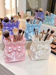 1pc Satin Bow Girls Storage Bucket, Printed Silk Jewelry Box, Vase, Cosmetic Organizer, Stationery Storage, Desktop Decor - Multicolor - View 3