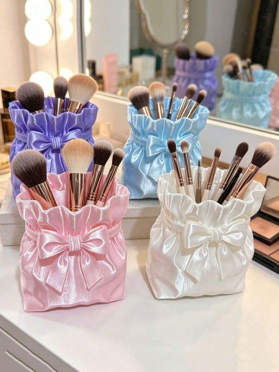 1pc Satin Bow Girls Storage Bucket, Printed Silk Jewelry Box, Vase, Cosmetic Organizer, Stationery Storage, Desktop Decor - Multicolor - View 1