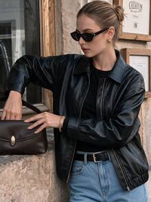 Women's Fashion Black PU Leather Jacket, Zipper Closure, Long Sleeve Lapel Collar, Regular Length, Suitable For Autumn/Winter Fashion Outfits - Black - View 2