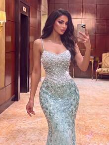 Women's Luxury Long Pearl Sequin Mermaid Formal Dress, Sleeveless Spaghetti Strap Bustier Design Zipper Dress, Suitable For Prom And Party - Mint Green - View 7