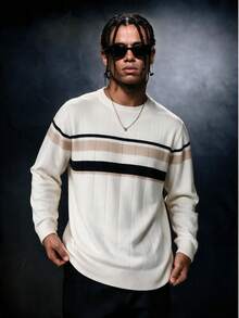 SU ER 1pc Men's Autumn/Winter Casual Striped Knit Top - White - View 3