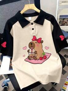Girls' Cute Capybara & Bow Print Short Sleeve Polo Shirt, Patchwork Sleeve, Spring/Summer - Apricot - View 2