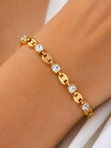 1pc Women's Rhinestone Coffee Bean Bracelet, Gold Stainless Steel Personalized Pig Nose Bracelet, Adjustable Bracelet For Daily Wear, Suitable As A Gift - Yellow Gold - View 1