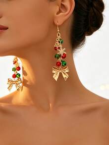 1 Pair Christmas Style Contrast Color Beaded Tassel Ear Hooks, Gold Bow Christmas Tree Snowflake Red & Green Colorful Bead Pendant Earrings For Women, Holiday Party Atmosphere - Yellow Gold - View 2