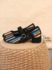 [Ukuran Besar Satu Ukuran] Sepatu Wanita Hak Tebal Potongan Dangkal Ujung Persegi, Sepatu Slip-On Serbaguna, Sepatu Hak Tinggi Modis, Ukuran Plus 35-43 - Desain bergaris berongga hitam (setengah dengan gesper) - View 7