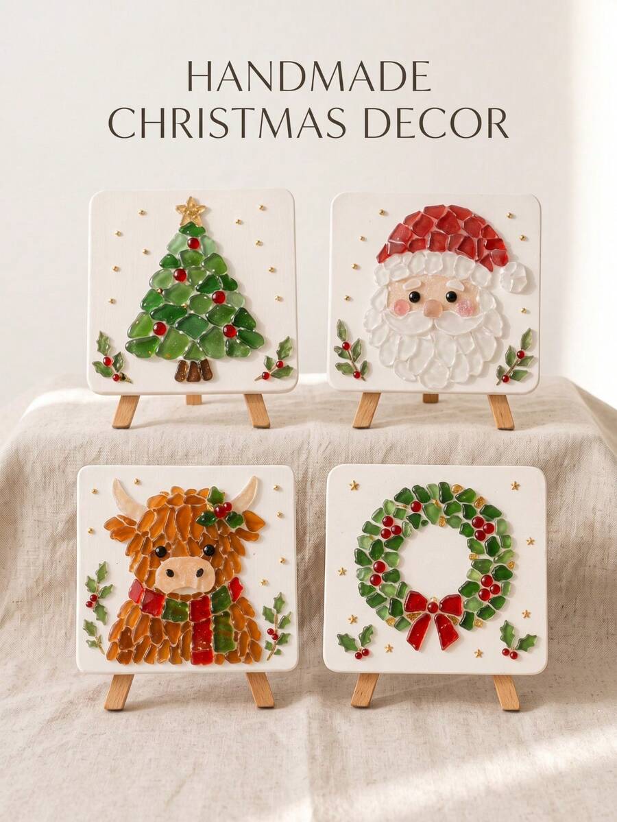 1pc Christmas Sea Glass Art Kit, DIY Sea Glass Mosaic Art Set, Suitable For Beginners And Adults, Includes Santa Claus Theme Mosaic Craft Kit, DIY Home Decor, Gift For Craft Enthusiasts - Multiple Styles - View 1