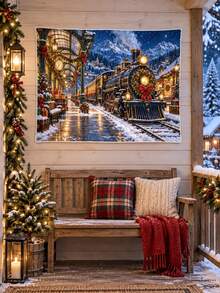 1PC Starlight Christmas Express Horizontal Wall Tapestry, Vintage Snowy Train Station Holiday Backdrop, Faux Ultra-Soft Polyester Single-Sided Print, White Overlock Edge, Multiple Sizes - Multicolor - View 5