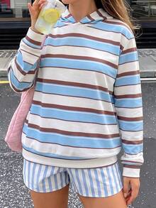 1件青少年女孩藍棕白配色拼接條紋運動衫，韓式中性寬鬆休閒套頭衛衣，適合春秋穿著 - 藍色 - 查看 3