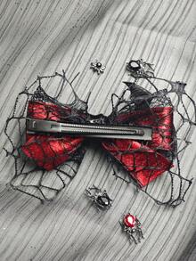 1pc Women's Red & Black Spider Bat Lace Hair Clip, Back Of Head Hair Accessory For Halloween Outfit And Party Wear - Black and Red - View 4