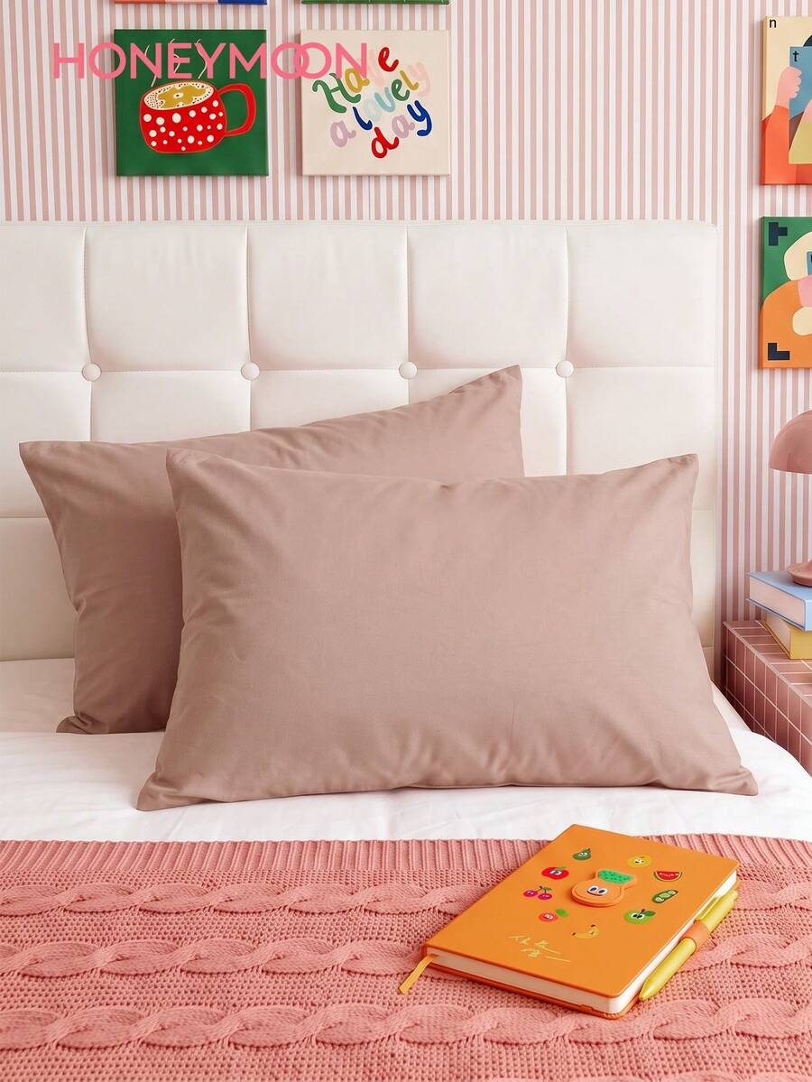 HONEY MOON 2pcs Ultra Soft Solid Color Pillowcases, Soft And Breathable, Envelope Closure, Wrinkle-Resistant, No Filling - Suitable For T/F/Q/K Size Home And Dorm, Pink - Pink - View 1