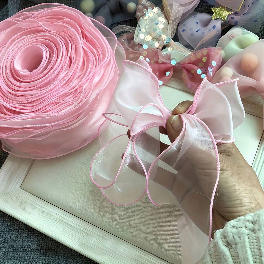 2/1 Roll 10 Yards Organza Wavy Edge Ribbon, 4cm Width Satin Ribbon - Solid Color Wedding Bouquet Decoration Ribbon, Suitable For Handmade Bouquets, Birthday Cake Decoration, Gift Wrapping, Party Decor, Floral Art, Light Green/White/Pink/Purple/Burgundy, Gift Ribbon - Fish Tail Tulle - View 1