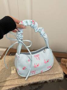 1pc Pleated Strap Women Underarm Bag, Tie-Up All Over Print Shoulder Handbag, Lightweight Portable For Commute Shopping Summer Travel Gift - Multicolor - View 12