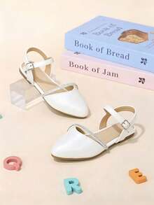 1 Pair Beige Girls' Rhinestone Thin Strap Decor PU Material Pointed Toe Closed Toe One-Strap Backless Flat Sandals, Gentle Minimalist Style, Suitable For Summer Outings, Birthday Parties, 2026 New Arrival - White - View 5
