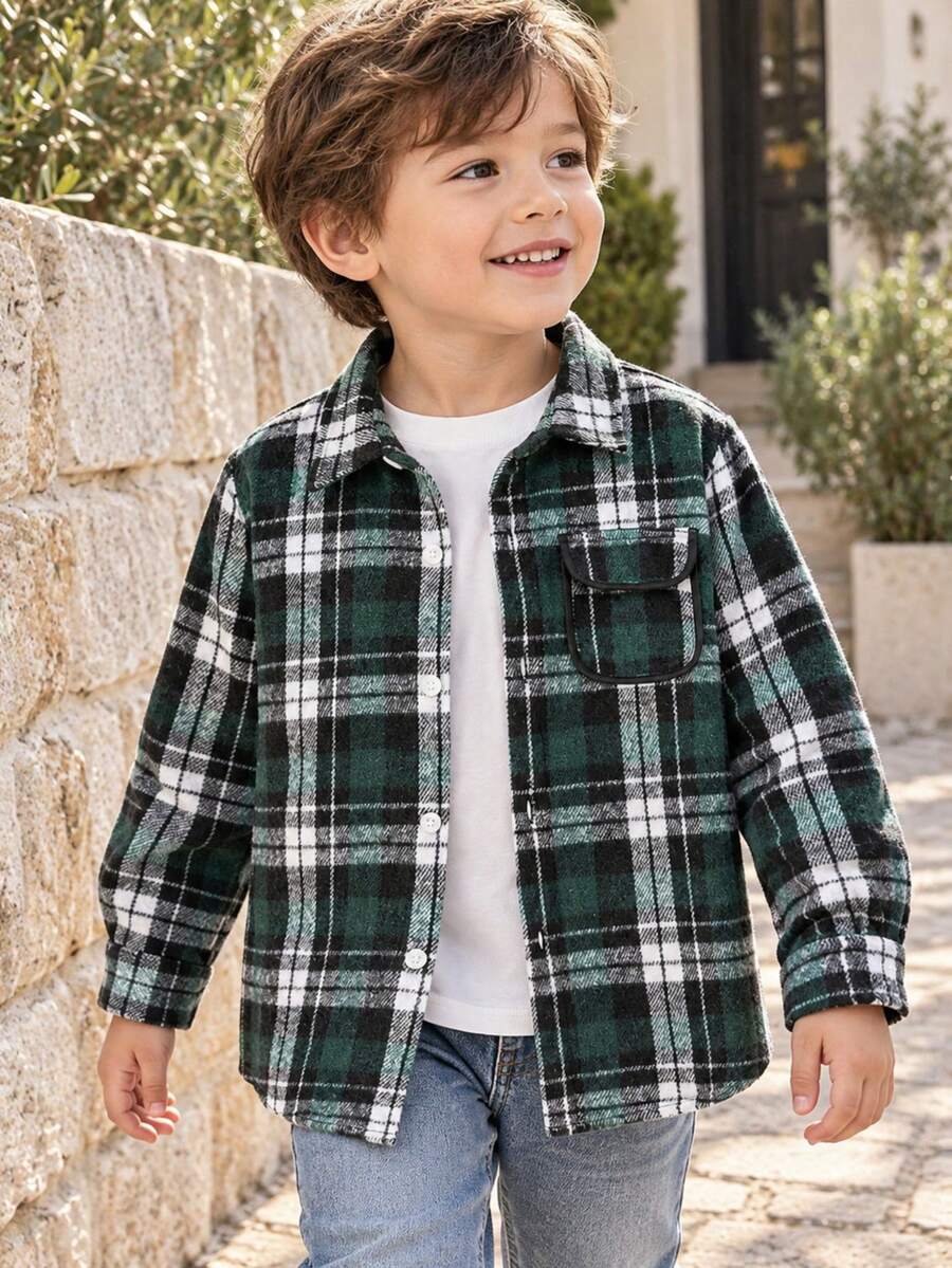 Unisex Kids Classic Street Fashion Casual Versatile Green Plaid Long Sleeve Shirt Suitable For Daily Wear, Vacation, Party And Other Activities - Green - View 1