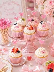 100pcs Pink Bow Bamboo Food Picks, Cute Cupcake And Dessert Toppers For Baby Shower, Birthday And Wedding Party Table Decorations - Multicolor - View 5