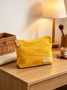 2 Colors L'Occitane Canvas Zipper Makeup Bag Solid Color Cosmetic Storage Pouch Wooden Zipper Pull Large Capacity Travel Toiletry Bag Women's Gift - Yellow - View 2