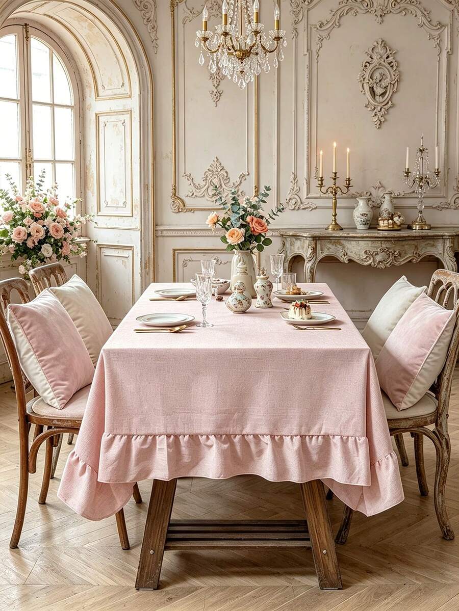 1PC Soft Matte Light Pink Ruffle Edge Tablecloth, French Elegant Vintage Style, Suitable For Home Dining Table, Holiday Gathering, Afternoon Tea, Wedding Banquet, Store Decoration And Multiple Occasions - Pink - View 1