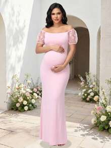 JustVH Maternity Cold Shoulder 3D Floral Long Mermaid Dress, Suitable For Baby Shower, Halloween, Autumn Party - Baby Pink - View 1